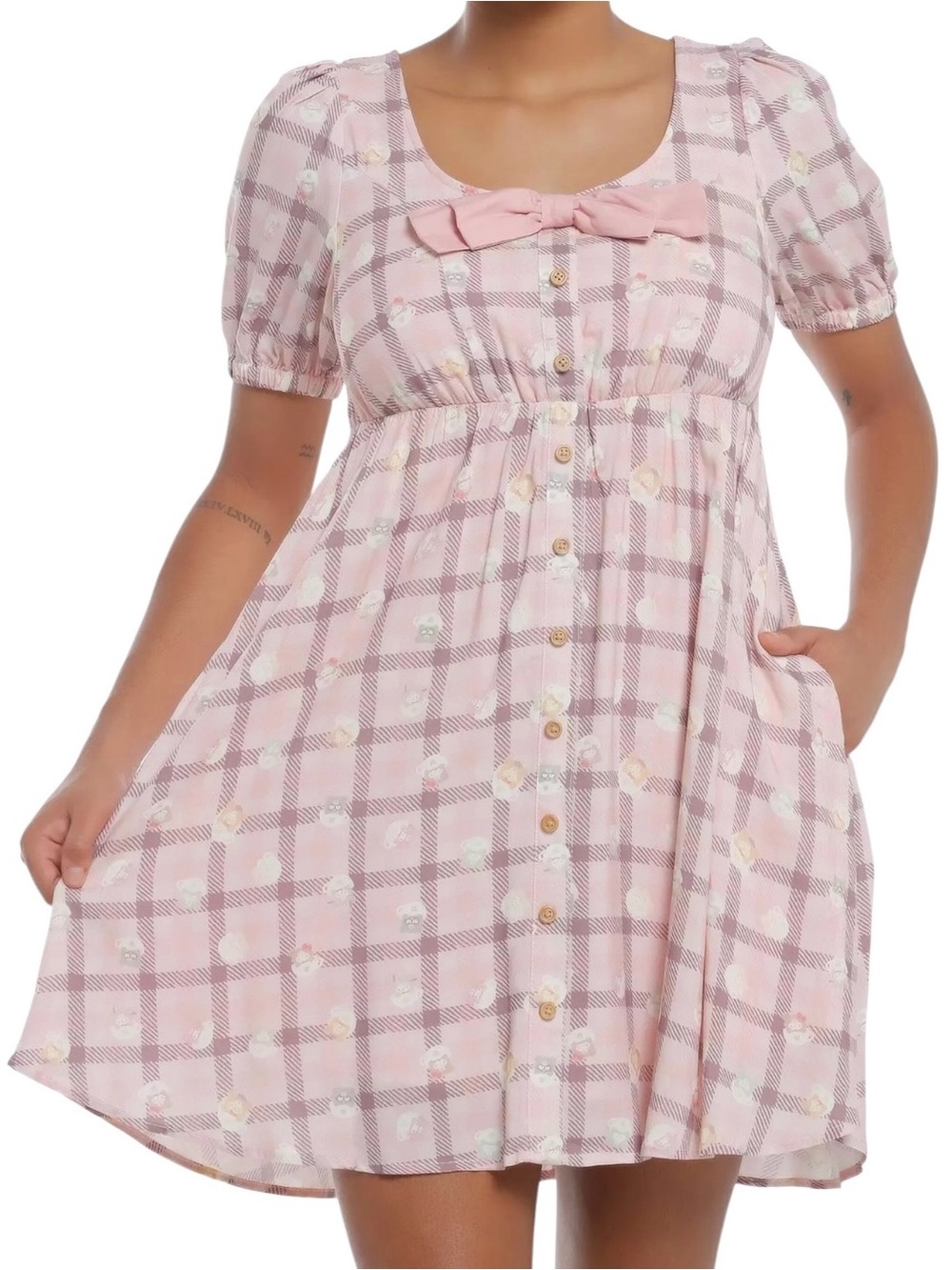NWT Hot Topic Hello Kitty Babydoll Mini Pink Plaid Latte Bear Bow Dress Sz 2X